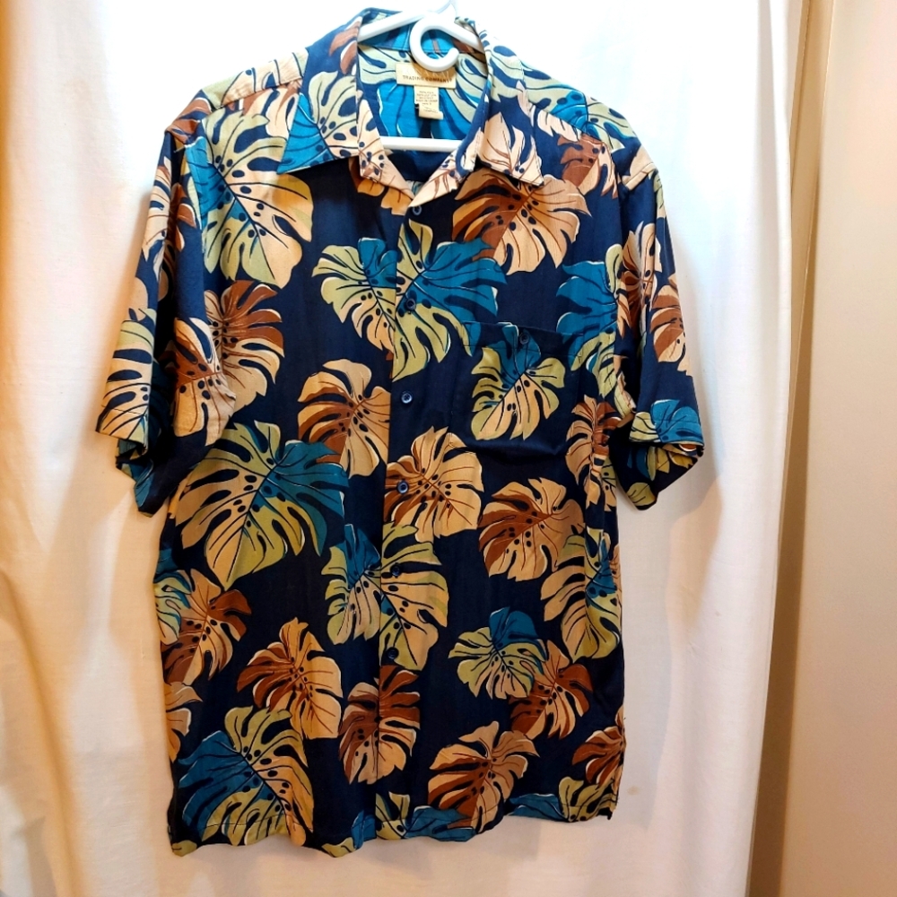 Kona Kai Trading Co‎ Hawaiian Shirt Mens M Navy Floral Aloha Palm Silk/Cotton